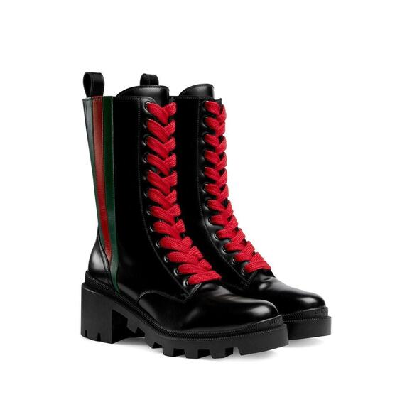 Gucci Trip Black Leather Red Green Web Stripe Mid Calf Block Heel Combat Boot 35 - Picture 2 of 12